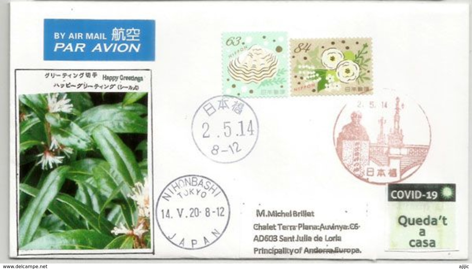 COVID19.Spring Greetings Celebration, Letter 14th May From TOKYO Sent To ANDORRA, With Local Prevention Label STAY HOME - Brieven En Documenten