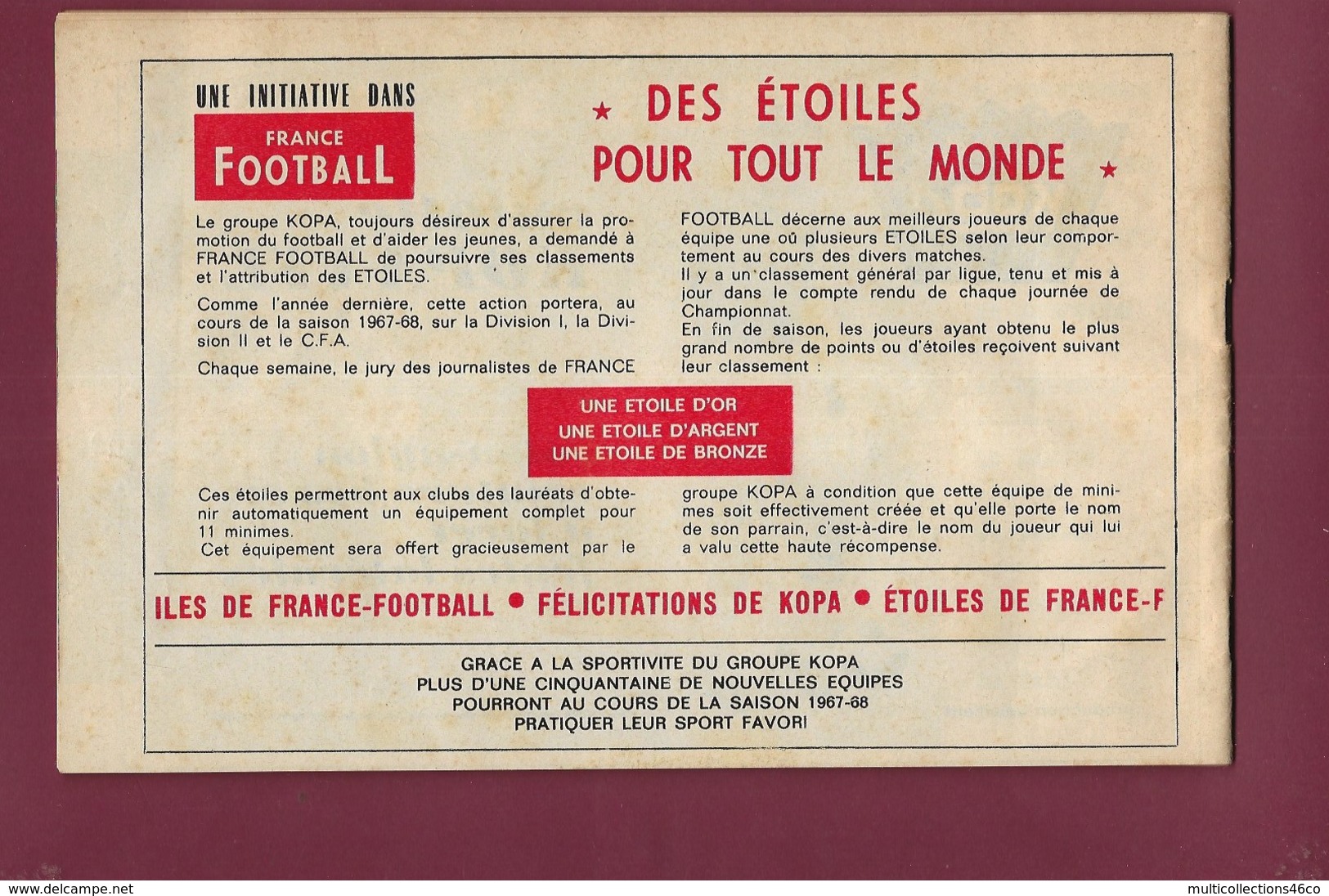 040620 -  FOOTBALL MAGAZINE KOPA Calendrier Saison 1967 68 - Photos US QUEVILLY Equipe De France Amateur - Sonstige & Ohne Zuordnung