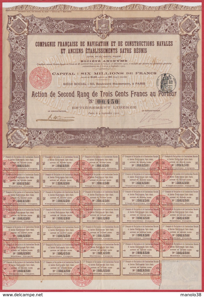 Compagnie Française De Navigation Et De Constructions Navales Et Anciens Ets Satre Réunis Avec Coupons. 1939. - Navigation