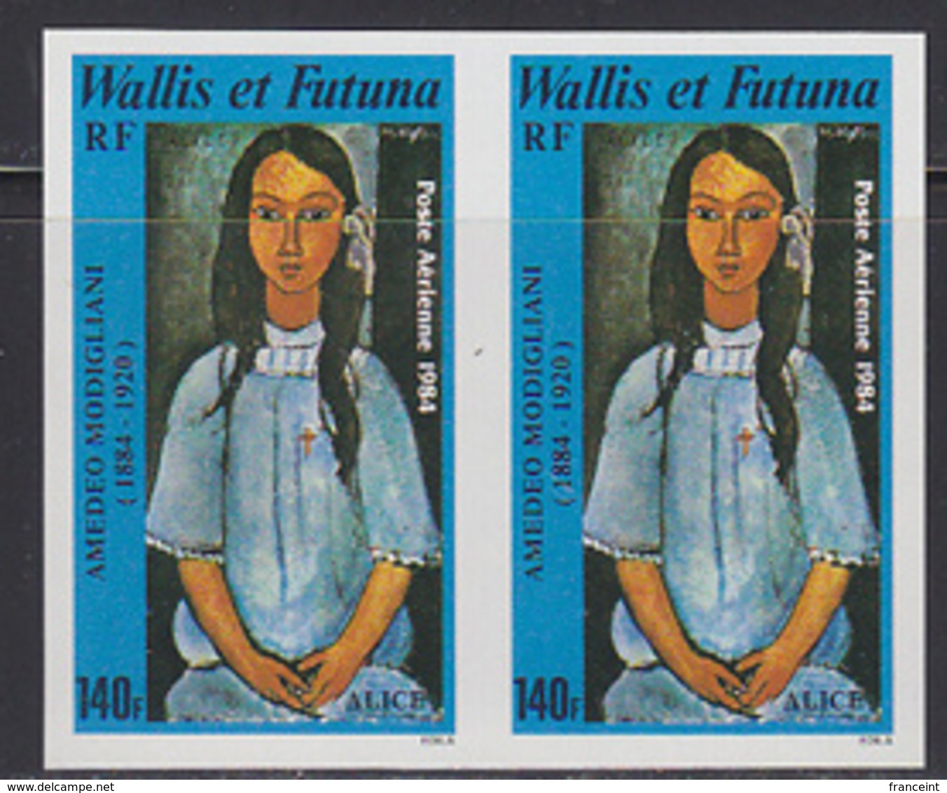 WALLIS & FUTUNA (1984) Portrait Of Alice By Modigliani. Imperforate Pair. Scott No C135, Yvert No PA138. - Imperforates, Proofs & Errors