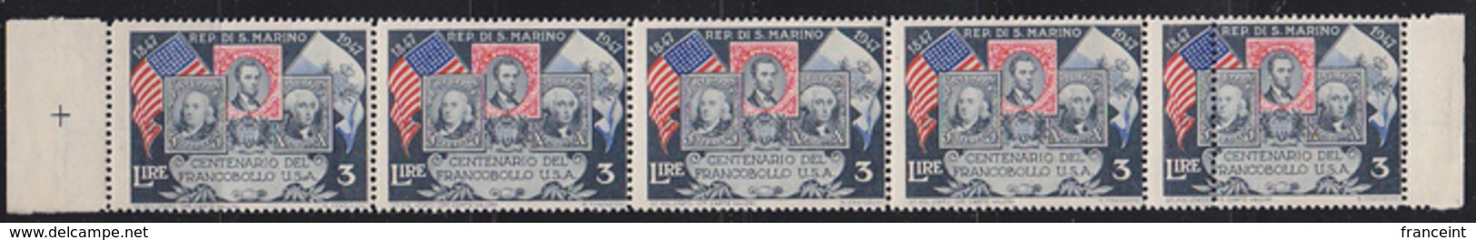 SAN MARINO (1947) US Stamps. Flag. Strip Of 5 With Rightmost Stamp Having An Extra Column Of Vertical Perforations. - Variétés Et Curiosités