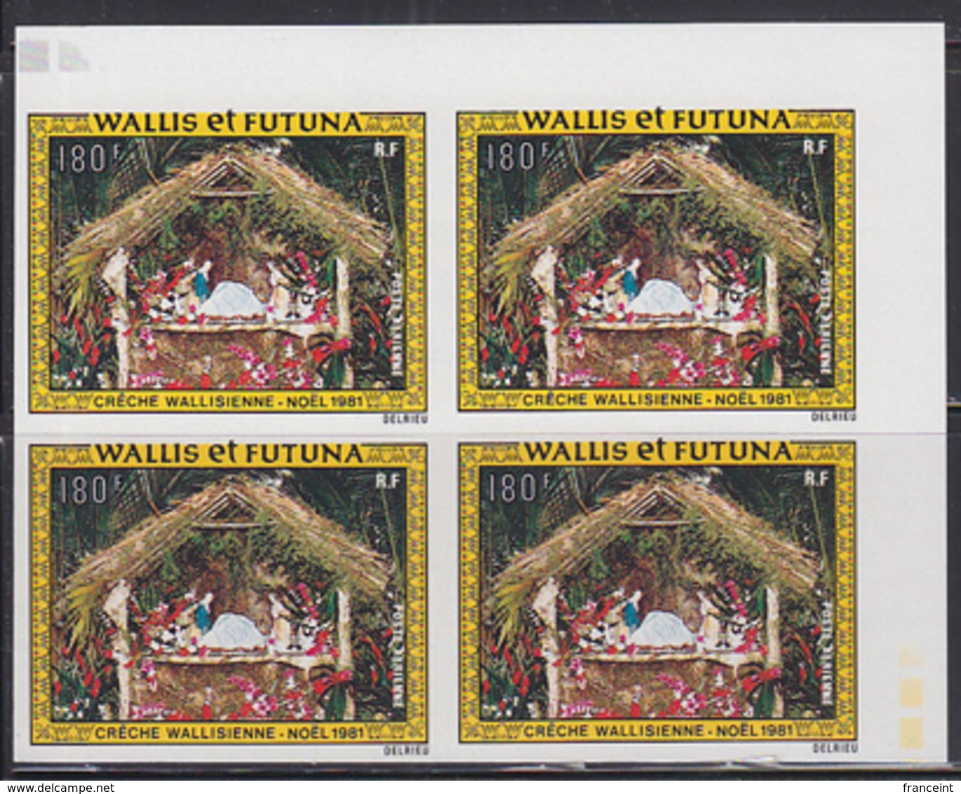 WALLIS & FUTUNA (1982) Christmas Manger. Imperforate Corner Block Of 4. Scott No C111, Yvert No PA113. - Sin Dentar, Pruebas De Impresión Y Variedades