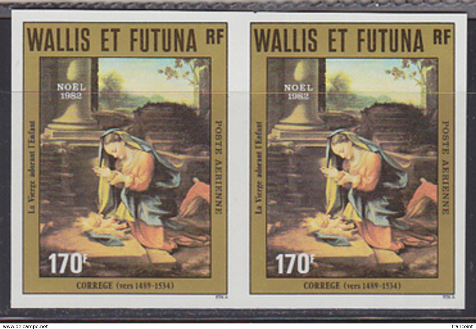 WALLIS & FUTUNA (1982) Adoration Of The Virgin By Correge. Imperforate Pair. Scott No C118, Yvert No PA121. - Imperforates, Proofs & Errors