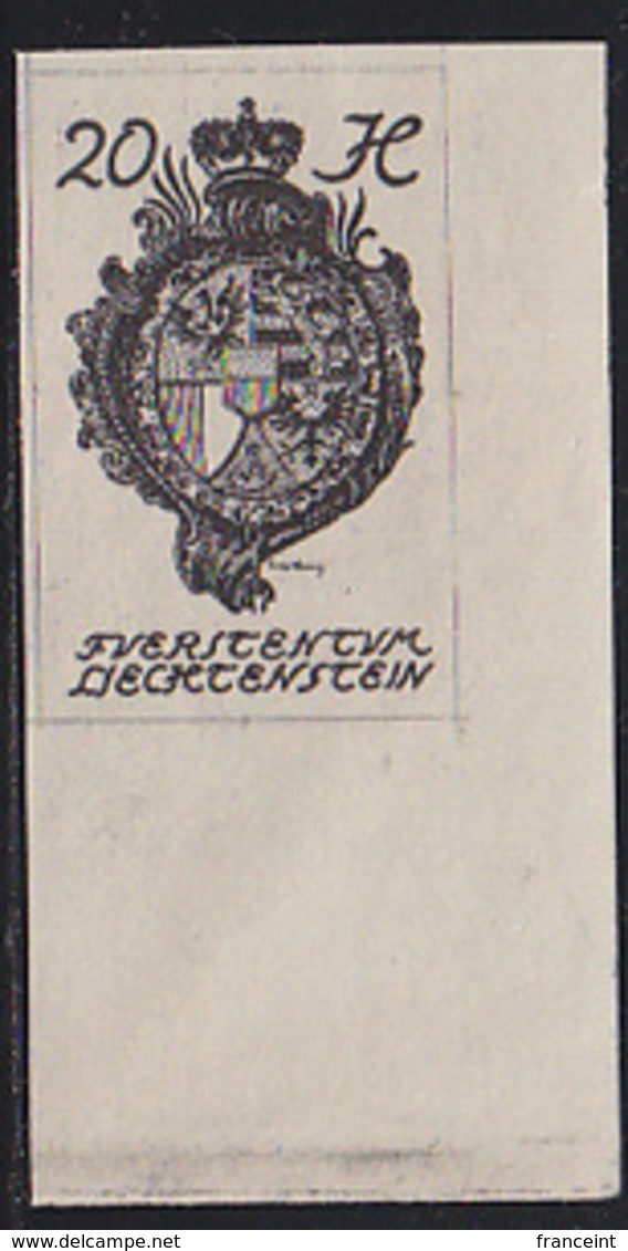 LIECHTENSTEIN (1920) Coat Of Arms. Imperforate Trial Color Proof In Black. Scott No 21. - Ensayos & Reimpresiones