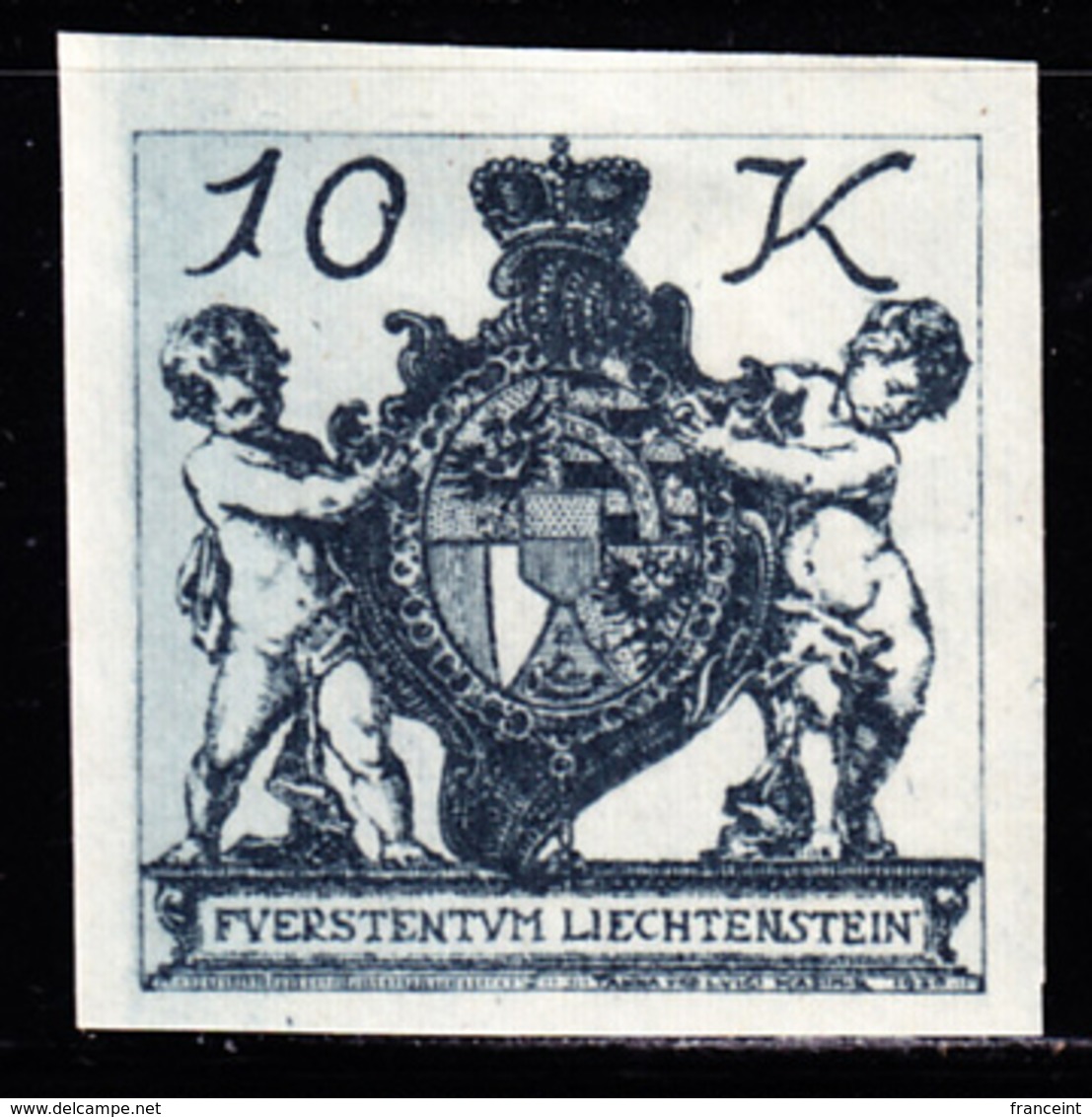 LIECHTENSTEIN (1920) Coat Of Arms. Cherubs. Imperforate Trial Color Proof In Slate. Scott No 46. - Ensayos & Reimpresiones