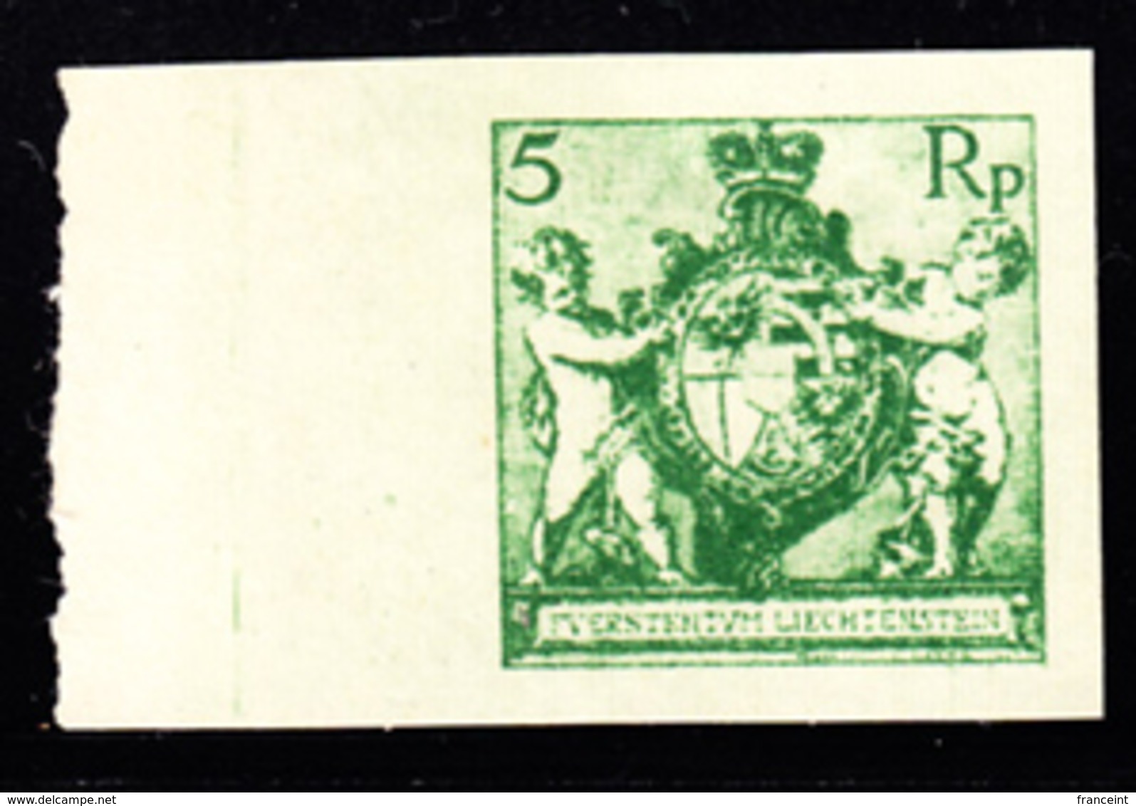 LIECHTENSTEIN (1921) Coat Of Arms. Cherubs. Imperforate Trial Color Proof In Unissued Color. Scott No 57. - Ensayos & Reimpresiones