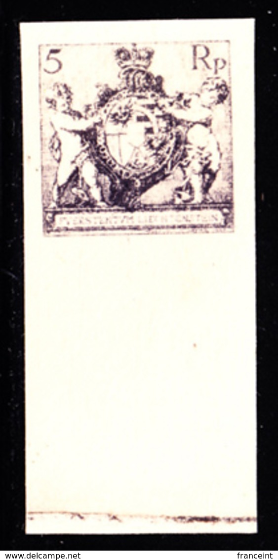 LIECHTENSTEIN (1921) Coat Of Arms. Cherubs. Imperforate Trial Color Proof In Black On Card Stock. Scott No 57. - Proofs & Reprints