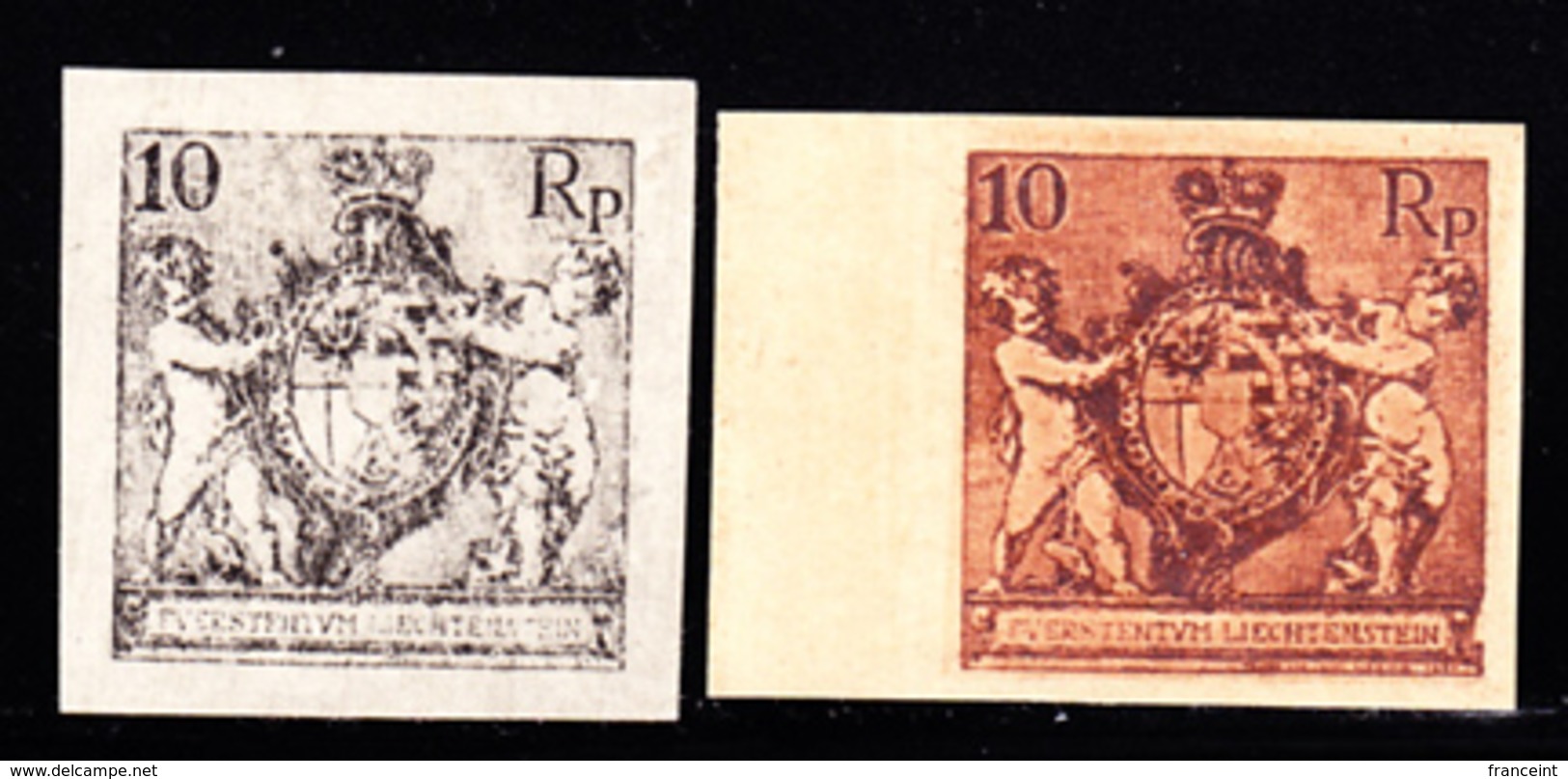 LIECHTENSTEIN (1921) Coat Of Arms. Cherubs. Set Of 2 Imperforate Trial Color Proofs In Unissued Colors. Scott No 59. - Ensayos & Reimpresiones