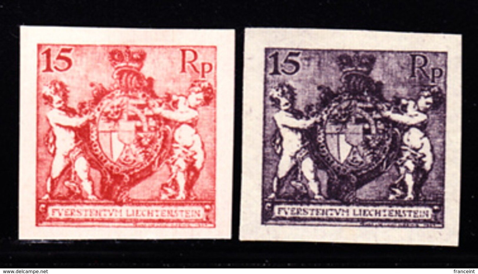 LIECHTENSTEIN (1921) Coat Of Arms. Cherubs. Set Of 2 Imperforate Trial Color Proofs In Unissued Colors. Scott No 61. - Proeven & Herdruk