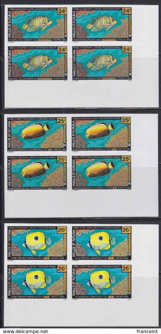 WALLIS & FUTUNA (1992) Tropical Fish. Set Of 6 Imperforate Corner Blocks Of 4. Scott Nos 426-31, Yvert Now 430-5. - Sin Dentar, Pruebas De Impresión Y Variedades