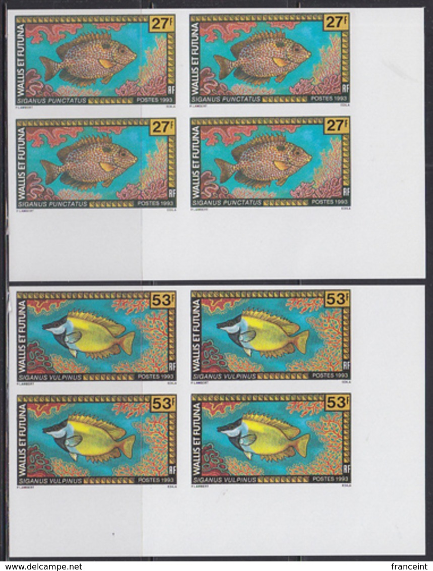 WALLIS & FUTUNA (1993) Tropical Fish. Set Of 2 Imperforate Corner Blocks Of 4. Scott Nos 432,435. Yvert Nos 457-8. - Sin Dentar, Pruebas De Impresión Y Variedades