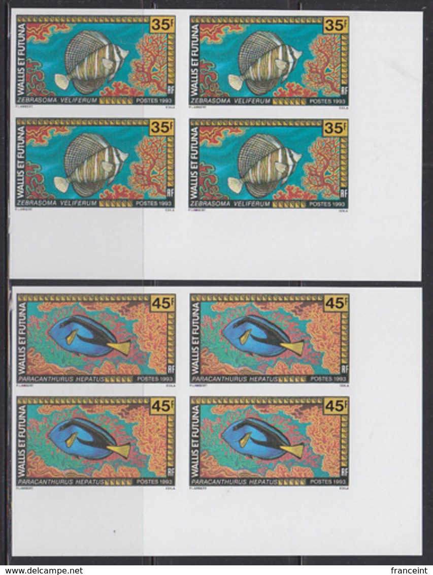 WALLIS & FUTUNA (1993) Tropical Fish. Set Of 2 Imperforate Corner Blocks Of 4. Scott Nos 433-4, Yvert Nos 451-2 - Imperforates, Proofs & Errors