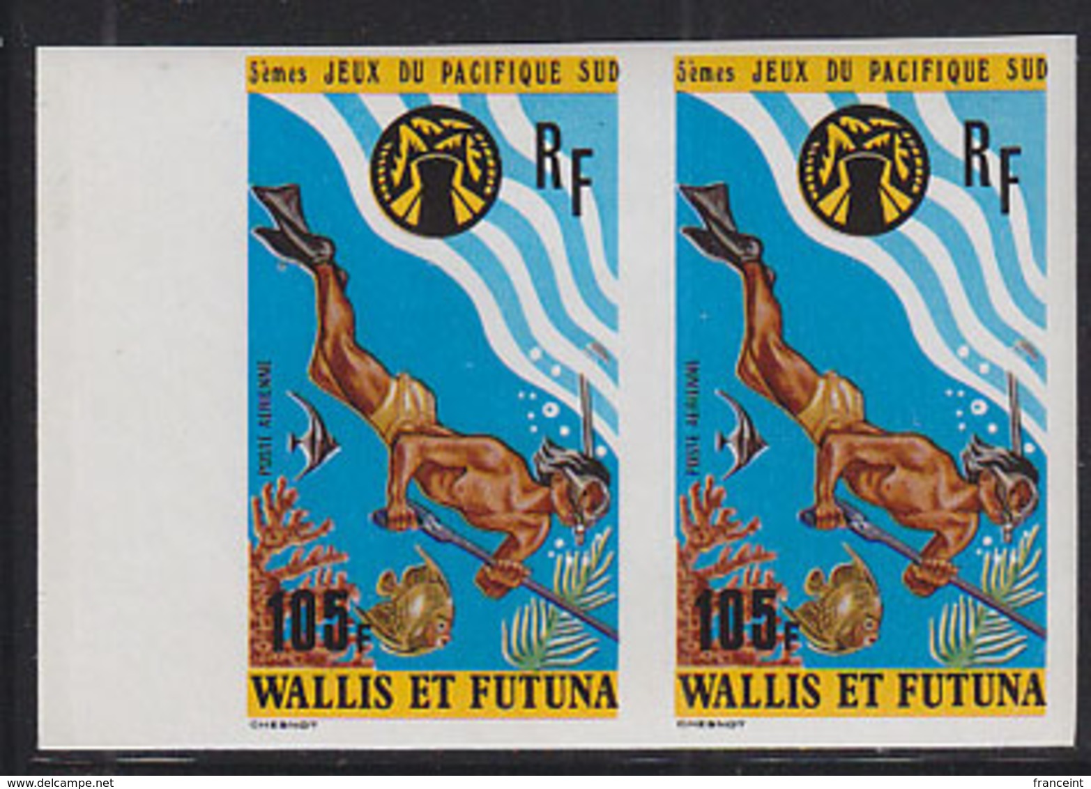 WALLIS & FUTUNA (1975) Spear Fishing. Imperforate Pair. Scott No C64, Yvert No PA66. South Pacific Games. - Imperforates, Proofs & Errors