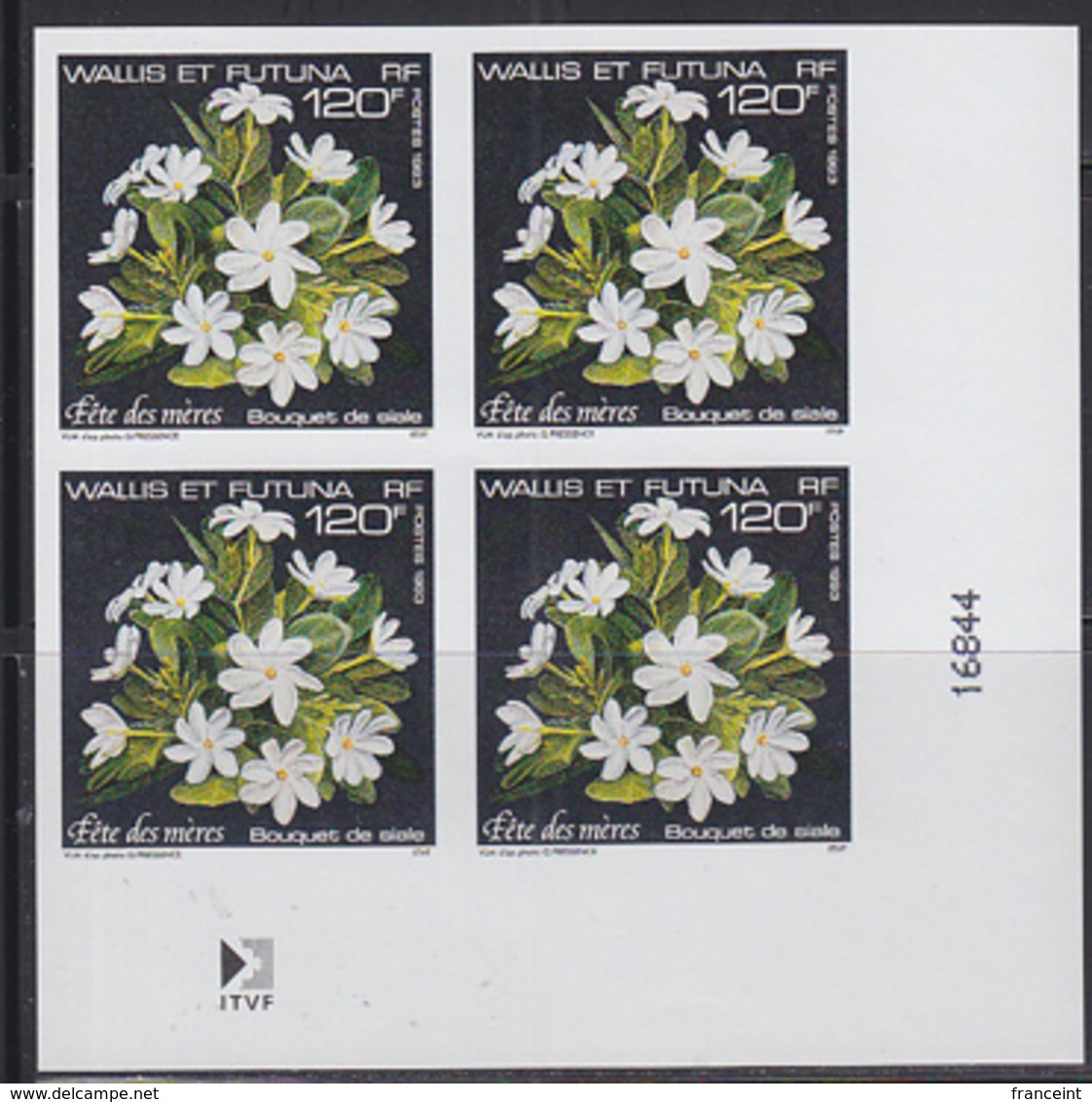 WALLIS & FUTUNA (1993) Siale (Gardenia Taitensis). Imperforate Corner Block Of 4. Scott No 446, Yvert No 467. - Imperforates, Proofs & Errors