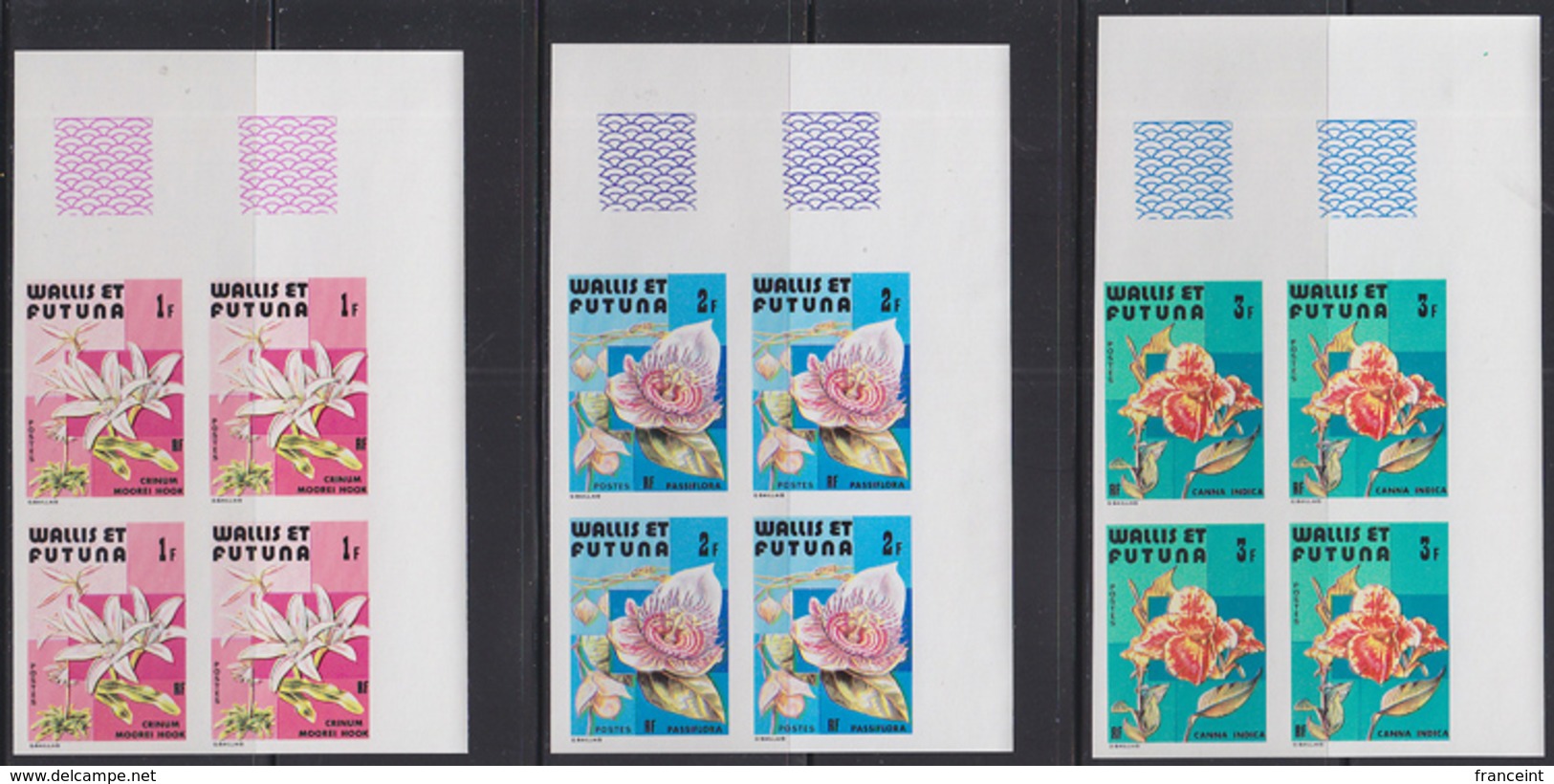 WALLIS & FUTUNA (1982) Orchids. Set Of 3 Imperforate Corner Blocks Of 4. Scott Nos 279-81, Yvert Nos 282-4. - Imperforates, Proofs & Errors