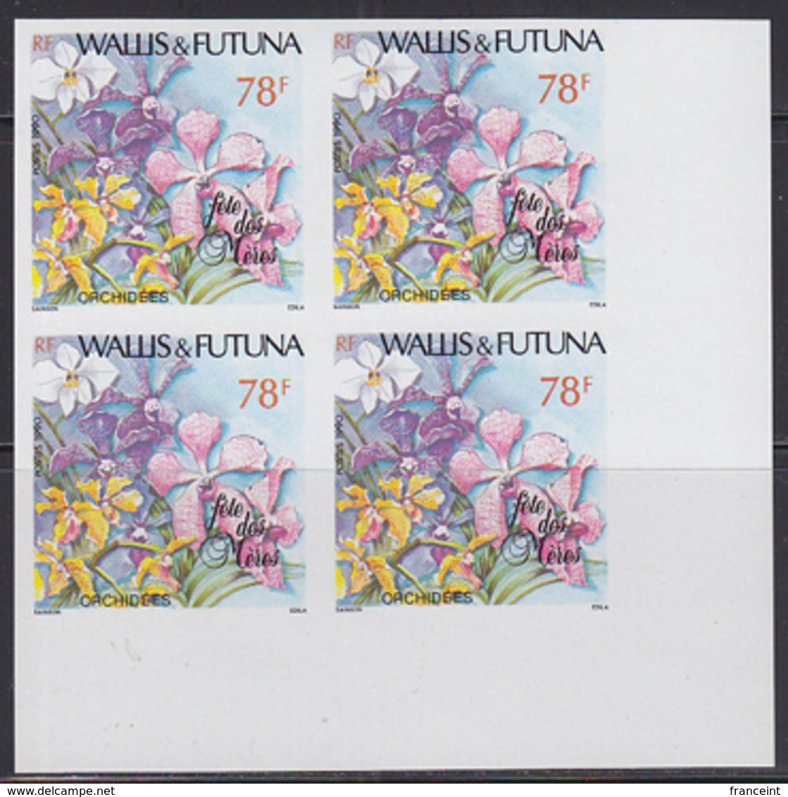 WALLIS & FUTUNA (1990) Orchids. Imperforate Corner Block Of 4. Scott No 392, Yvert No 397. - Sin Dentar, Pruebas De Impresión Y Variedades