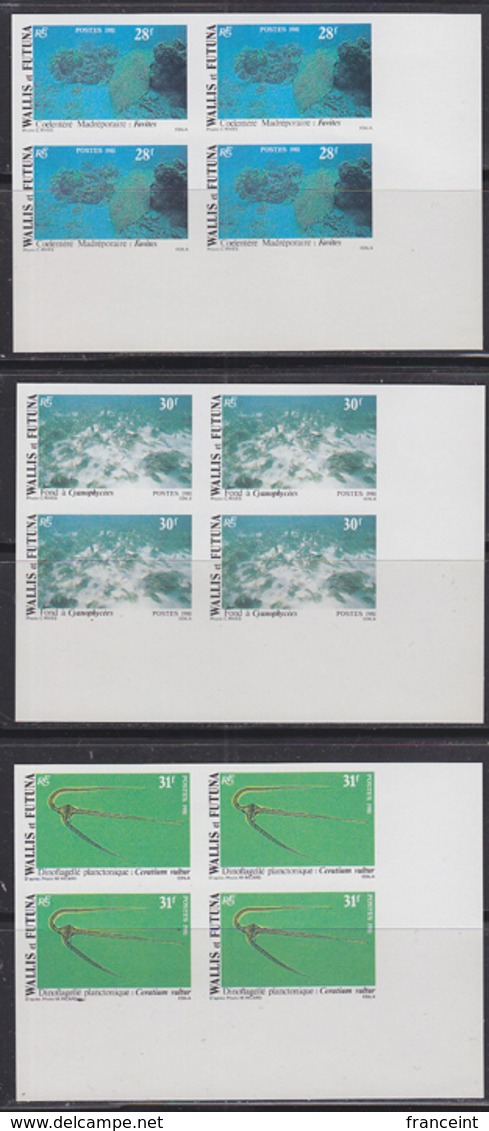 WALLIS & FUTUNA (1981) Marine Life. Complete Set Of 6 Imperforate Corner Blocks Of 4. Scott Nos 264-9 - Imperforates, Proofs & Errors