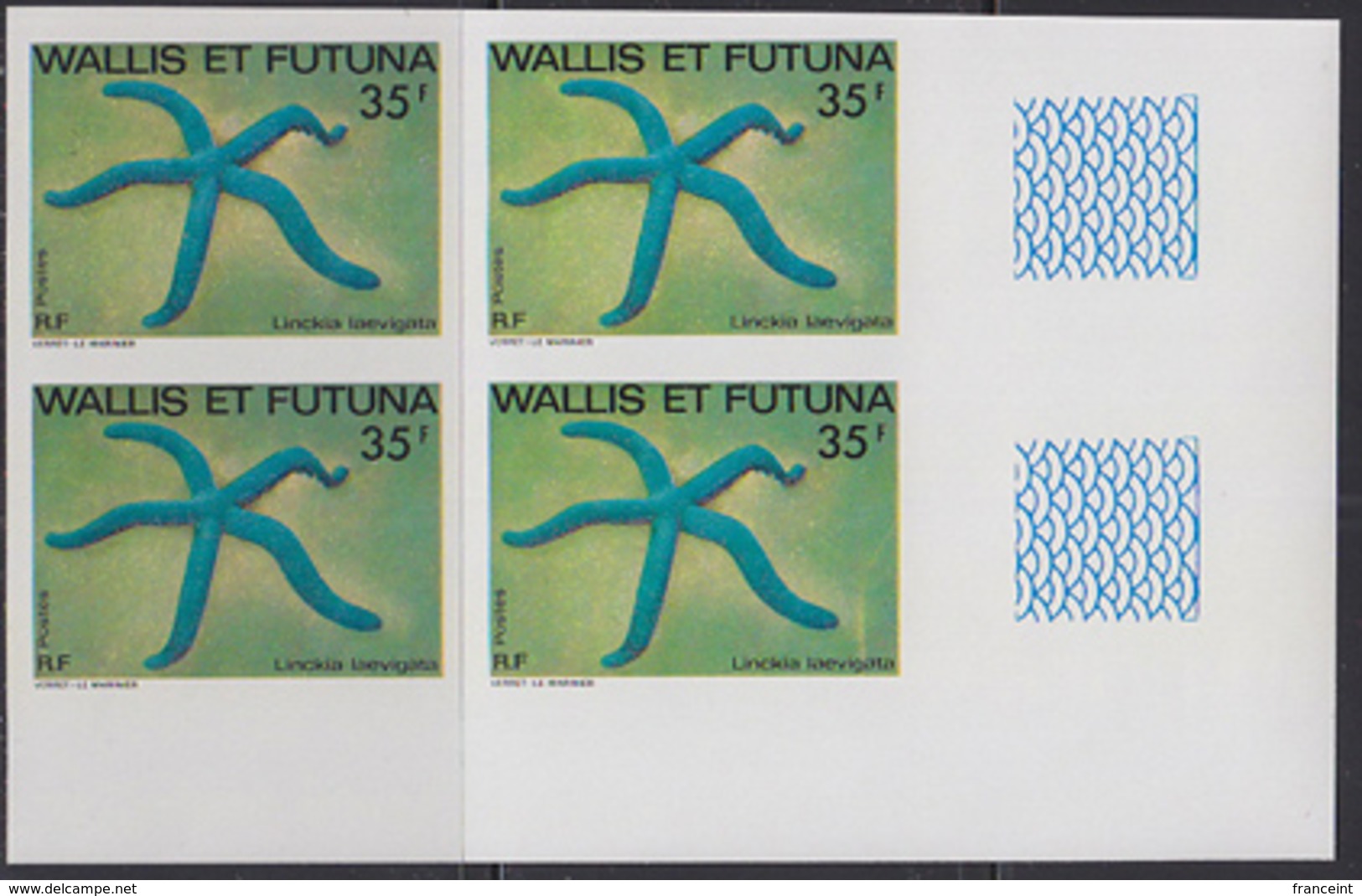 WALLIS & FUTUNA (1982) Blue Star (Linckia Laevigata). Imperforate Corner Block Of 4. Scott No 295, Yvert No 298. - Imperforates, Proofs & Errors