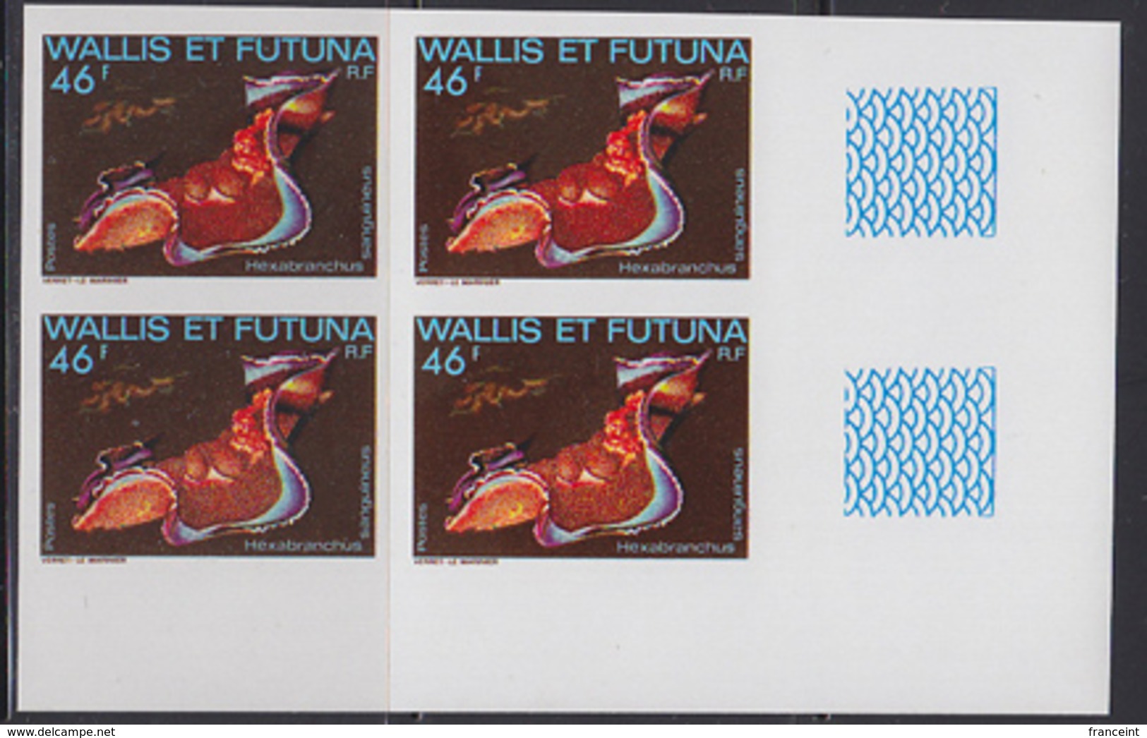 WALLIS & FUTUNA (1982) Spanish Dancer (Hexabranchus Sanguineus). Imperforate Corner Block Of 4. Scott No 296 - Imperforates, Proofs & Errors
