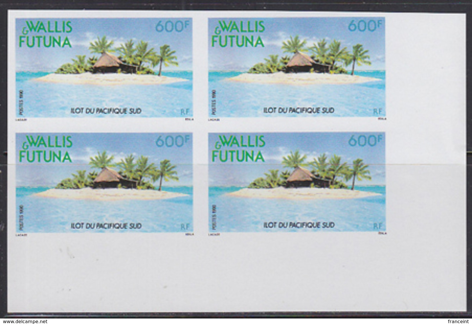 WALLIS & FUTUNA (1990) Ilot. Imperforate Corner Block Of 4. Scott No 394, Yvert No 399. - Sin Dentar, Pruebas De Impresión Y Variedades