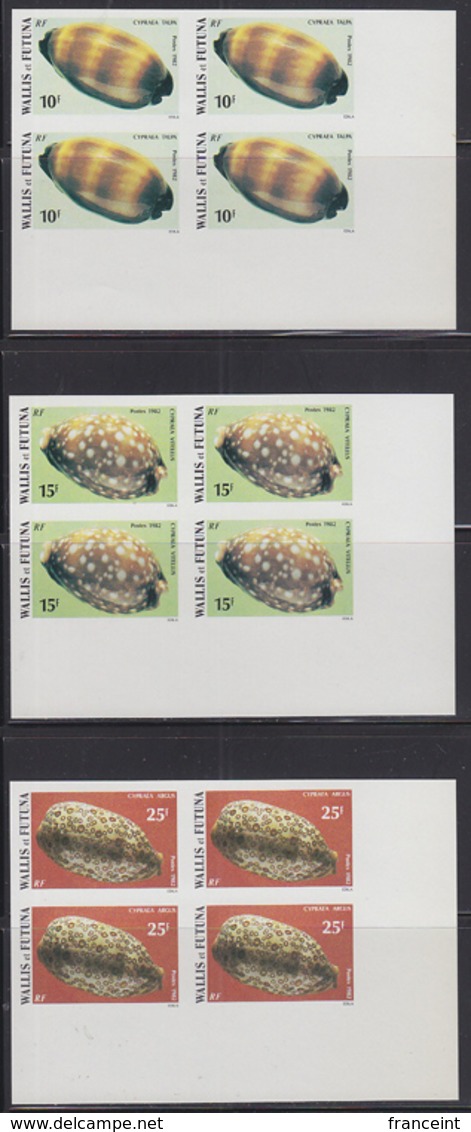 WALLIS & FUTUNA (1981) Seashells. Set Of 6 Imperforate Corner Blocks Of 4. Scott Nos 288-93, Yvert Nos 291-6. - Non Dentellati, Prove E Varietà