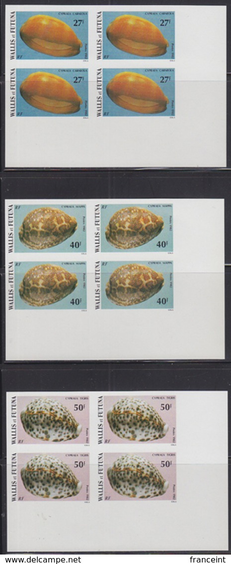 WALLIS & FUTUNA (1981) Seashells. Set Of 6 Imperforate Corner Blocks Of 4. Scott Nos 288-93, Yvert Nos 291-6. - Non Dentellati, Prove E Varietà