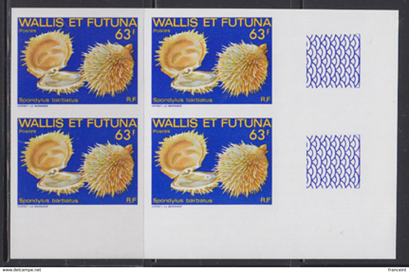 WALLIS & FUTUNA (1982) Bearded Thorny Oyster (Spondylus Barbatus). Imperforate Corner Block Of 4. Scott No 297 - Sin Dentar, Pruebas De Impresión Y Variedades