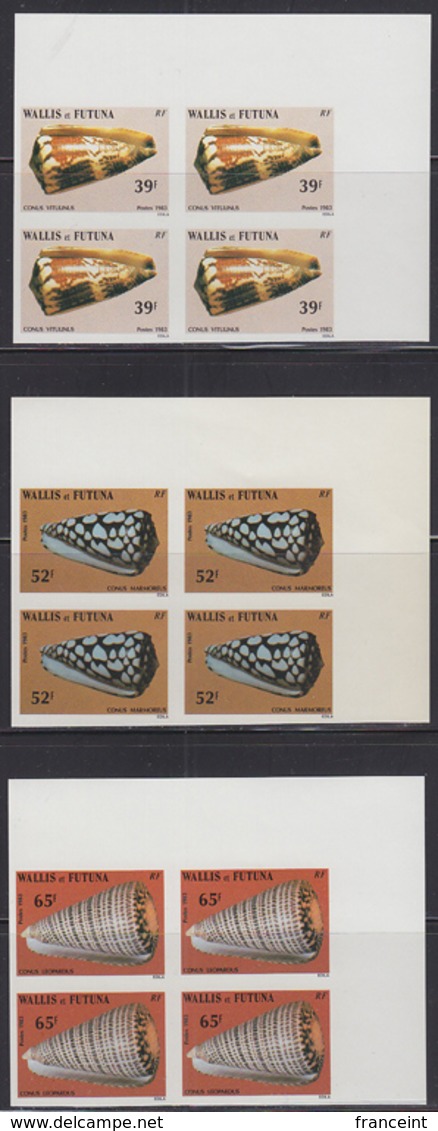 WALLIS & FUTUNA (1983) Cone Shells. Set Of 6 Imperforate Corner Blocks Of 4. Scott Nos 303//13, Yvert Nos 306-11. - Sin Dentar, Pruebas De Impresión Y Variedades