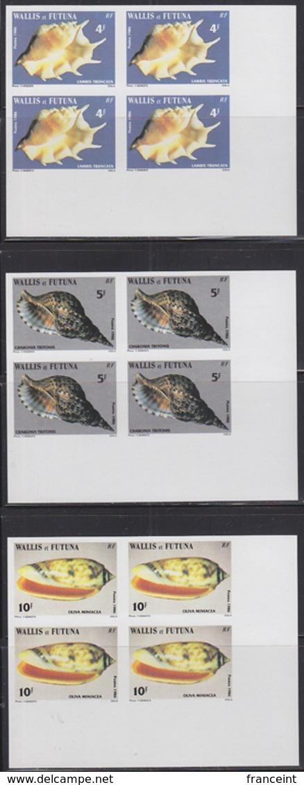 WALLIS & FUTUNA (1986) Shells. Set Of 6 Imperforate Corner Blocks Of 4. Scott Nos 333-8, Yvert Nos 337-42. - Imperforates, Proofs & Errors