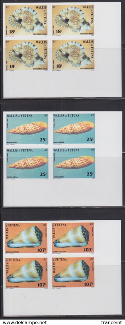 WALLIS & FUTUNA (1986) Shells. Set Of 6 Imperforate Corner Blocks Of 4. Scott Nos 333-8, Yvert Nos 337-42. - Imperforates, Proofs & Errors