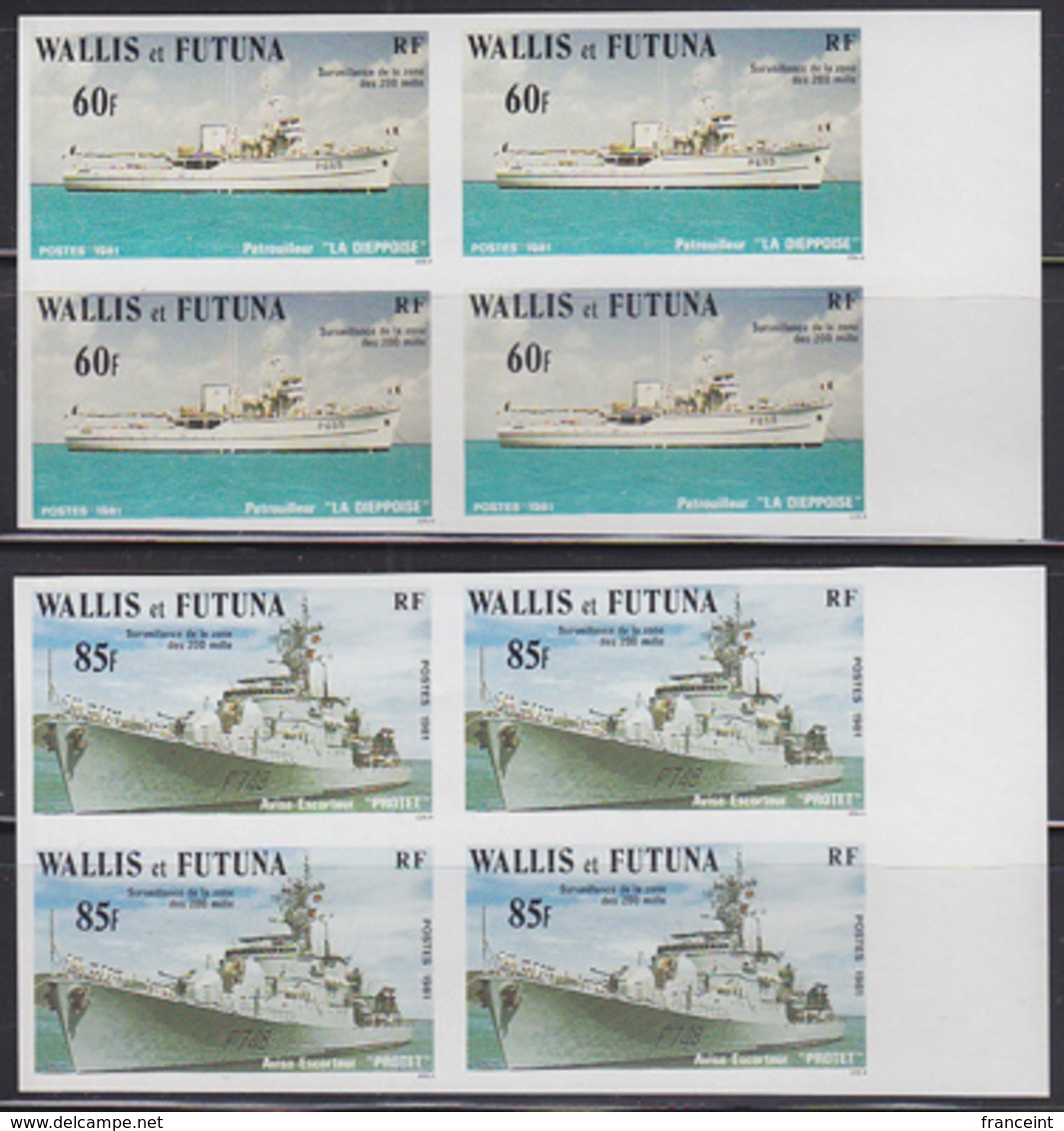 WALLIS & FUTUNA (1981) Warships. Set Of 2 Imperforate Blocks Of 4. Scott Nos 276-7, Yvert Nos 279-80. - Imperforates, Proofs & Errors