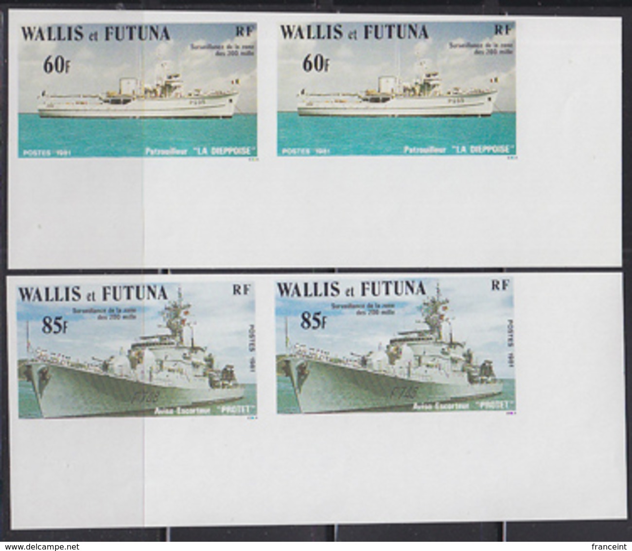 WALLIS & FUTUNA (1981) Warships. Set Of 2 Imperforate Pairs. Scott Nos 276-7, Yvert Nos 279-80. - Sin Dentar, Pruebas De Impresión Y Variedades