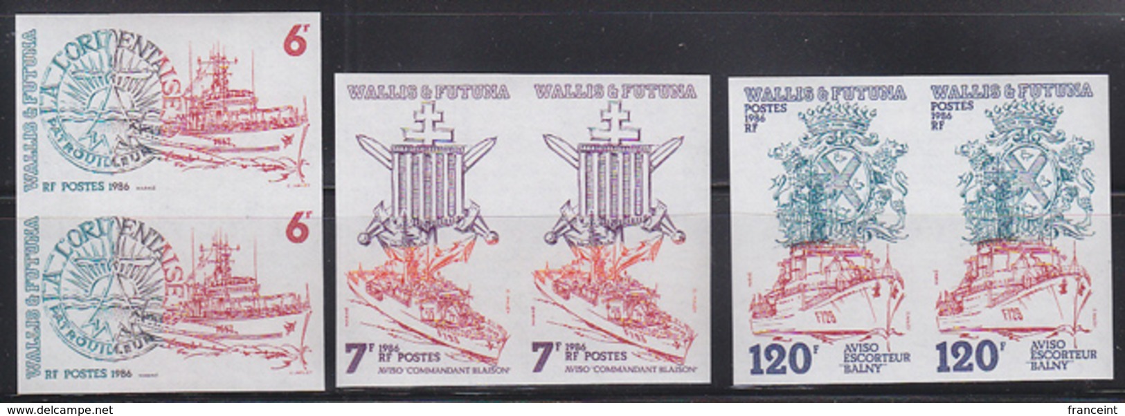 WALLIS & FUTUNA (1986) Ships. Set Of 3 Imperforate Pairs. Scott Nos 343-2, Yvert Nos 348-50. - Sin Dentar, Pruebas De Impresión Y Variedades