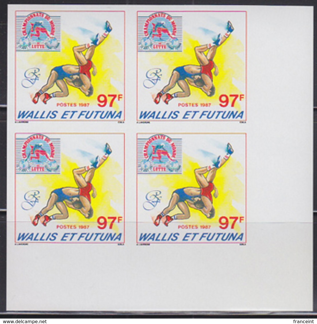 WALLIS & FUTUNA (1987) Wrestlers. Imperforate Corner Block Of 4. Scott No 353, Yvert No 359. - Sin Dentar, Pruebas De Impresión Y Variedades