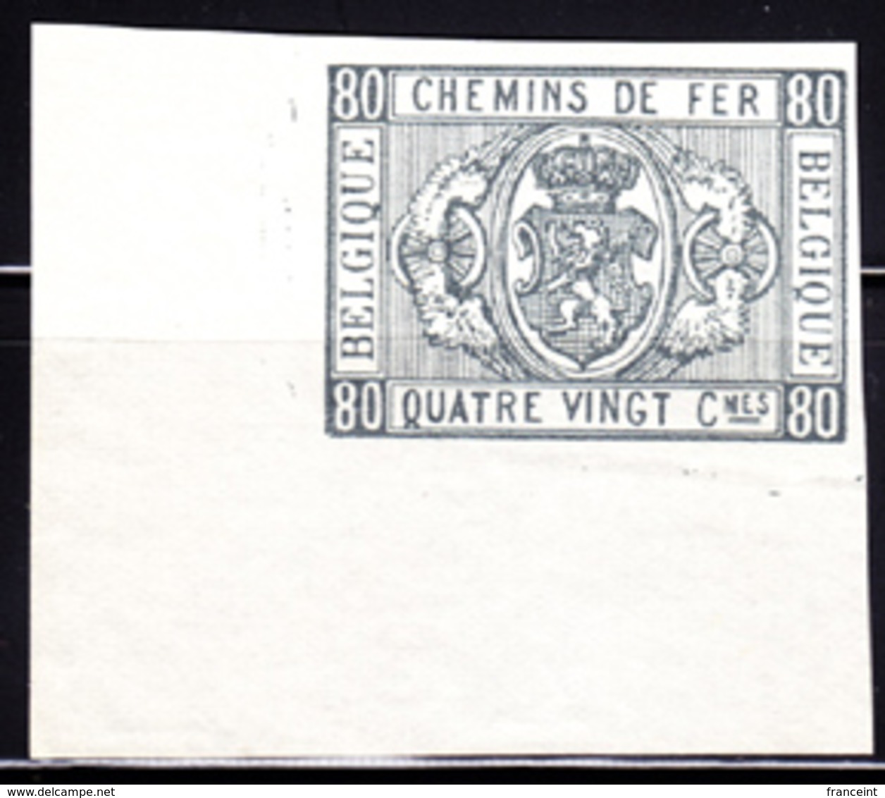 BELGIUM (1879) Railroad Stamp. Imperforate Proof Of 80c Stamp. Scott No Q5. Very Rare! - Altri & Non Classificati