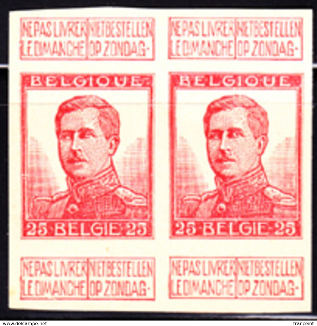 BELGIUM (1912) King Albert I. Trial Color Proof Pair Of 25c Stamp In Red. Scott No 105. - Proofs & Reprints