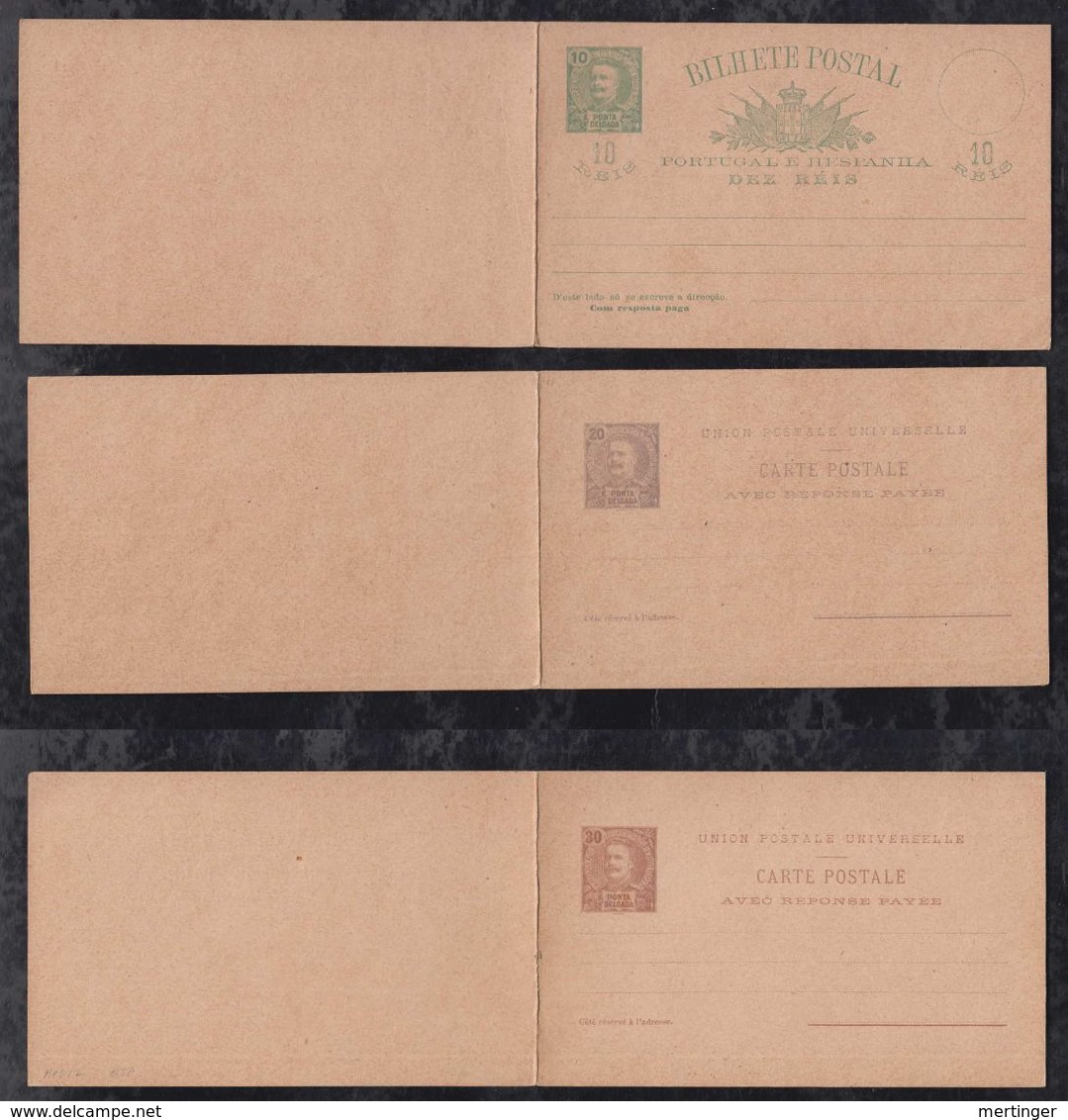 Portugal PONTA DELGADA 1896 3 Postal Stationery Question Reply Postcards ** MNH Carlos I - Ponta Delgada