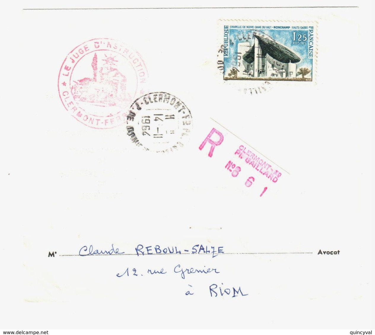 CLERMONT FERRAND Lettre Recommandée Etiquette De Machine 1,25 F Ronchamp  Yv 1394A Ob 1964 - Brieven En Documenten
