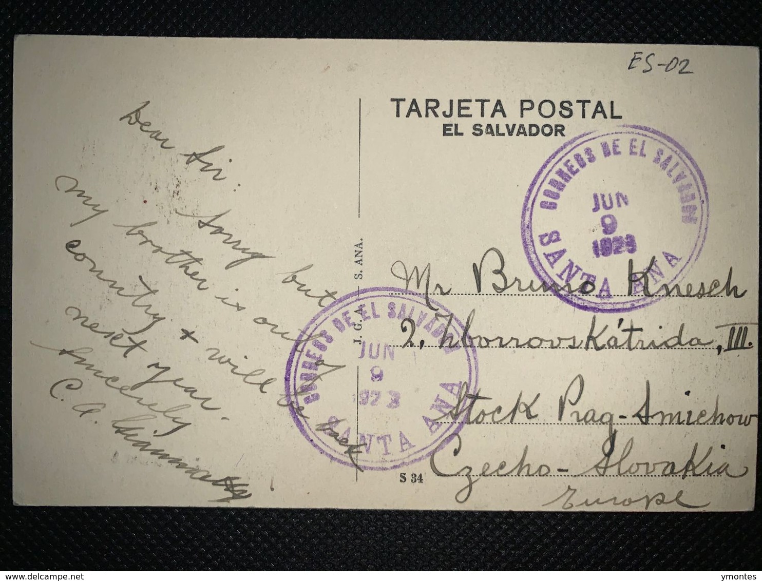Postcard Circulated Santa Ana Church , From Santa Ana To Czechoslovakia 1923 - El Salvador