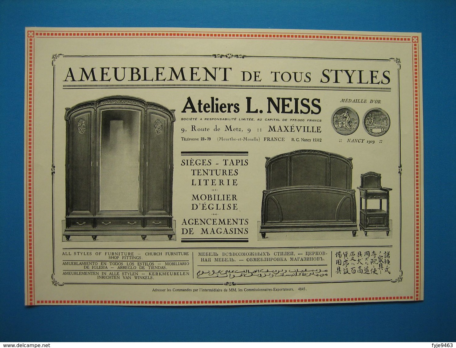 (1927) Ameublement De Tous Styles - Ateliers L. NEISS - Route De Metz à Maxéville - (Médaille D'or Nancy 1909) - Non Classés