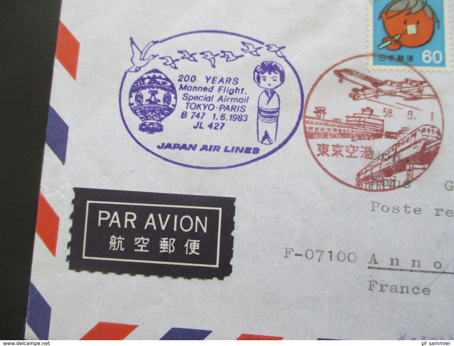 Japan Air Lines 1983 Luftpost 200 Years First Manned Flight Ballonpost Stp. Bicentenaire De La Premiere Montgolfiere - Airmail