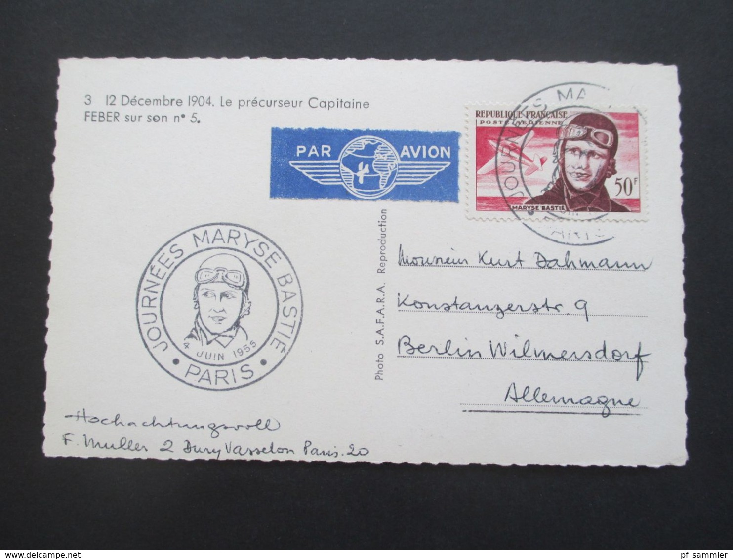 Frankreich 1955 AK Das Flugzeug Von Maryse Bastie Per Luftpost Nach Berlin Gesendet. Sonderstempel Paris - Vliegtuigen