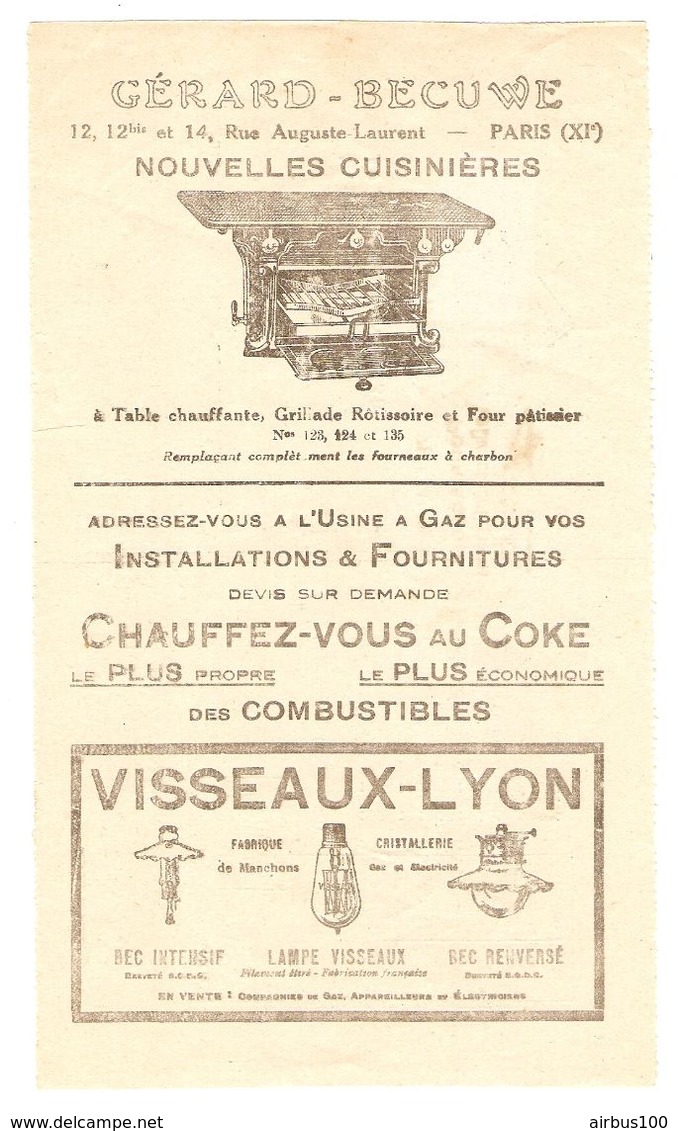 FACTURE 1925 FUSION Des GAZ USINE De VERSAILLES - 7 CITÉ PARADIS PARIS - PUB GÉRARD BECUWE CUISINIERE VISSEAUX LYON - Electricity & Gas