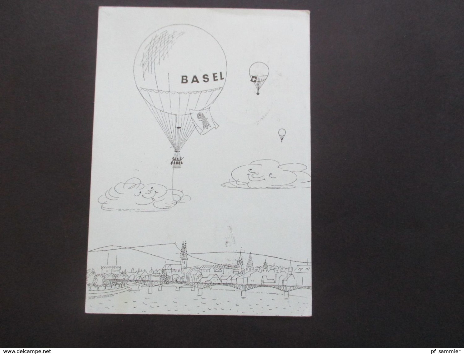 Schweiz 1955 Künstler AK Fesselballon SST Mustermesse Basel Ballonaufstieg Und Ballon Basel 1955 In Die DDR Gesendet - Cartas & Documentos
