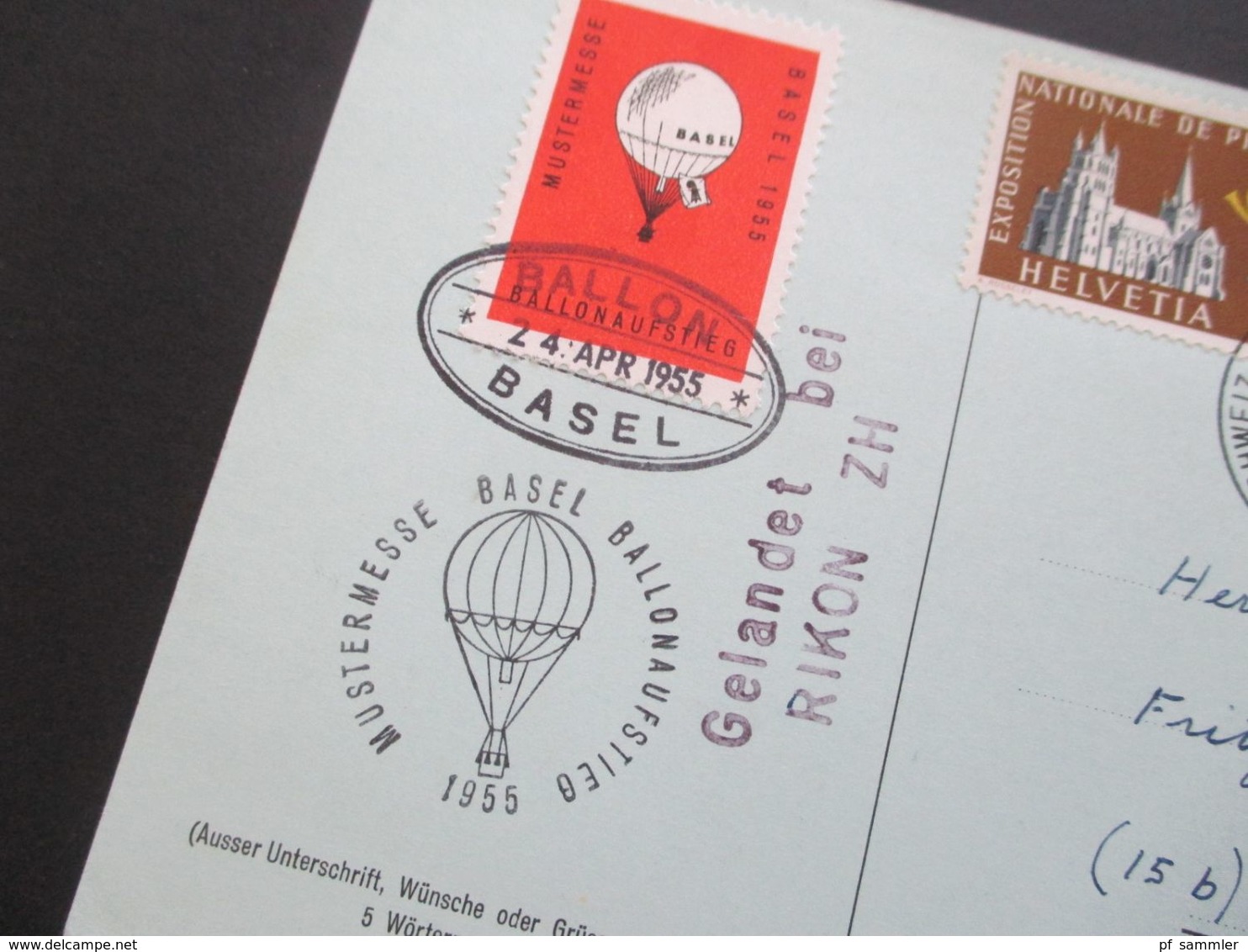 Schweiz 1955 Künstler AK Fesselballon SST Mustermesse Basel Ballonaufstieg Und Ballon Basel 1955 In Die DDR Gesendet - Lettres & Documents