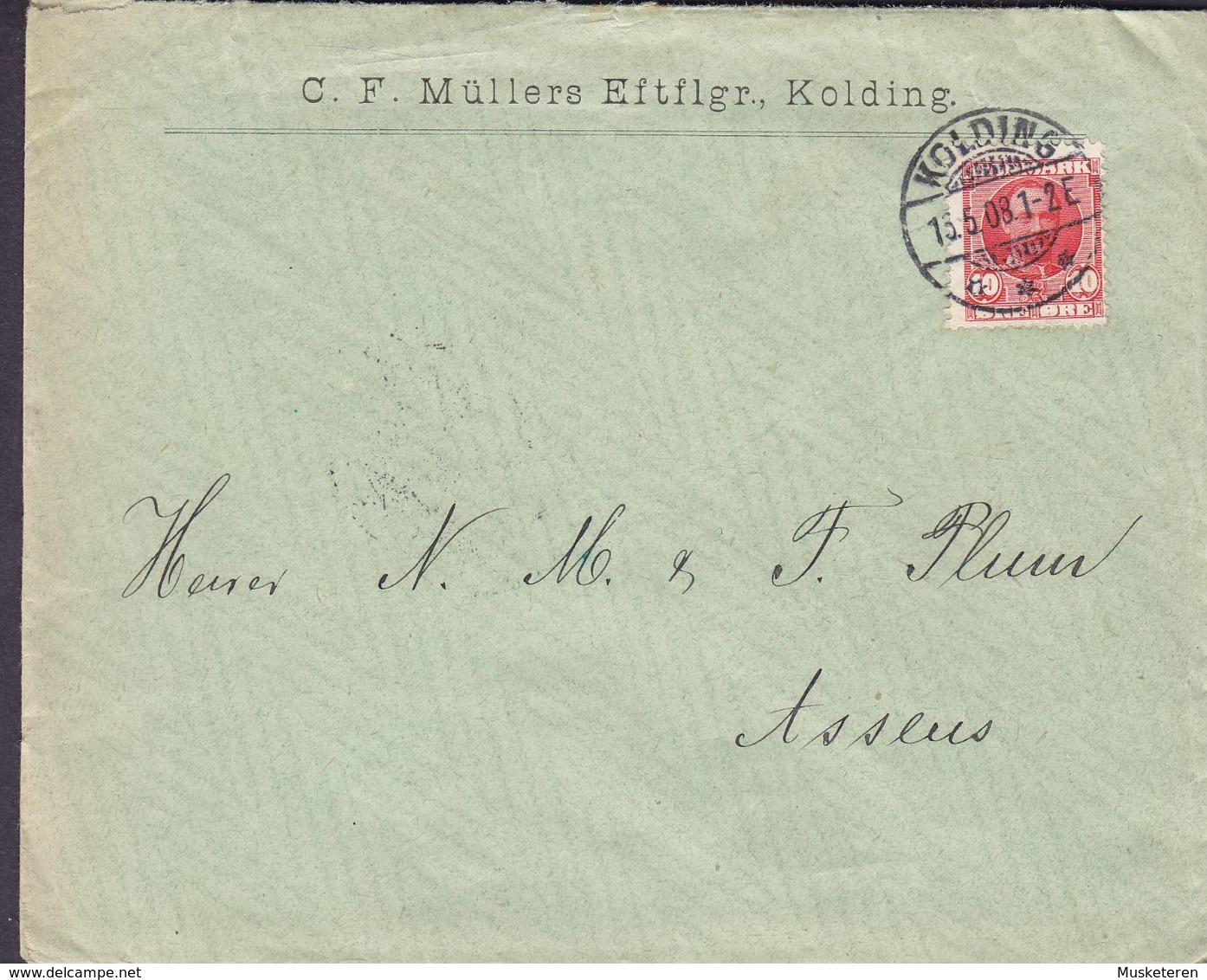 Denmark C. F. MÜLLERS Eftflgr. Brotype Ia KOLDING 1908 Cover Brief ASSENS (Arr.) ERROR Variety In '10' - Variétés Et Curiosités