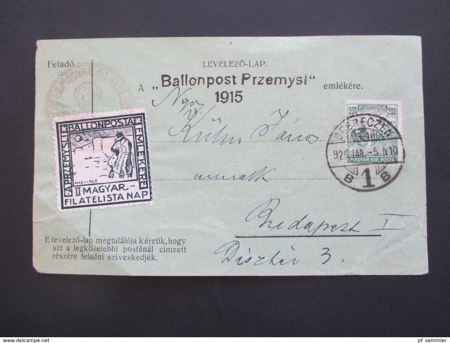 Ungarn 1925 Ballonpost Przemysl Vignette Ballonposta Magyar Filatelista Nap Gedenkflug Ballonpost Przemysl - Lettres & Documents