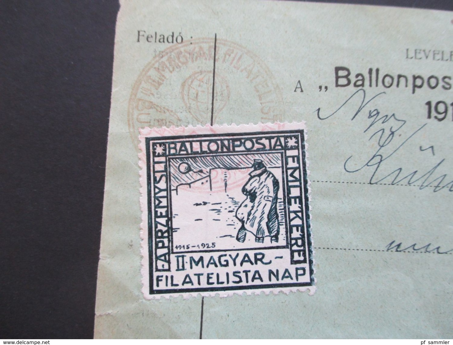 Ungarn 1925 Ballonpost Przemysl Vignette Ballonposta Magyar Filatelista Nap Gedenkflug Ballonpost Przemysl - Cartas & Documentos