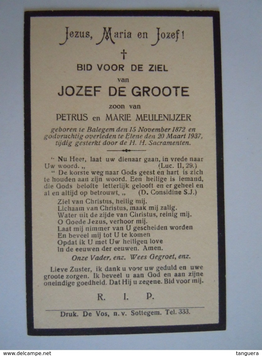 Jozef De Groote Balegem 1872 Elene 1937 Zoon Van Petrus En Marie Meulenijzer Doodsprentje Image Mortuaire - Andachtsbilder