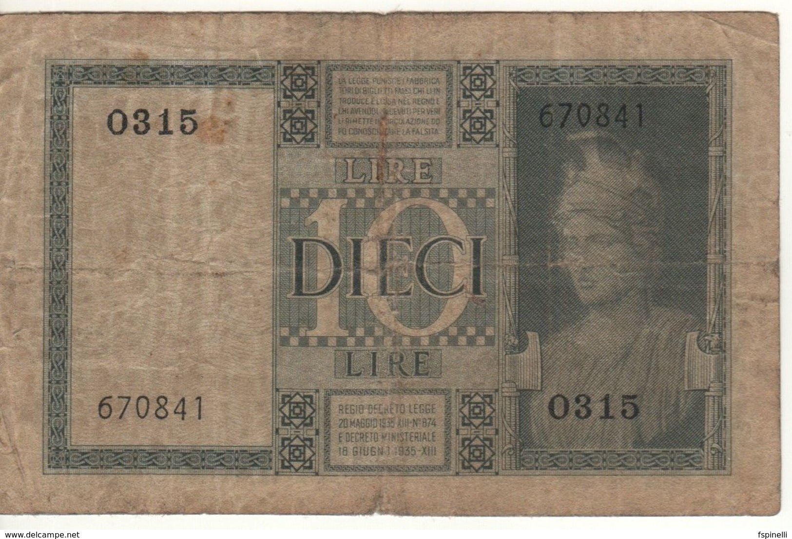 ITALY  10 Lire    Vittorio Emanuele III   (Biglietto Di Stato   1938 - XVII ) - Italia – 10 Lire